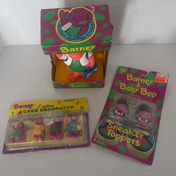 BARNEY COLLECTION- BARNEY BANK~ BABY BOP SNEAKER TOPPERS~ BARNEY CAKE SET - Picture 1 of 8